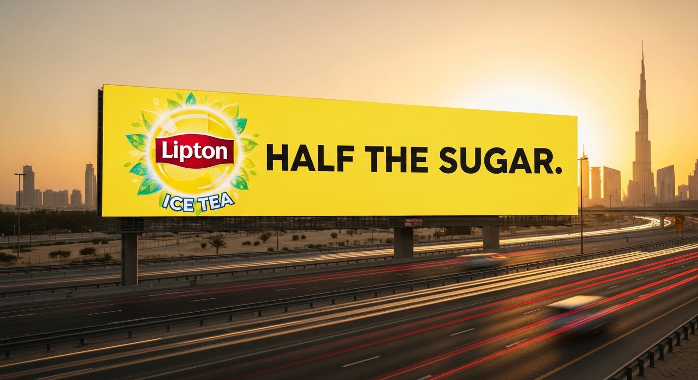 Digital billboard on Sheikh Zayed Road showing Lipton Half the Sugar