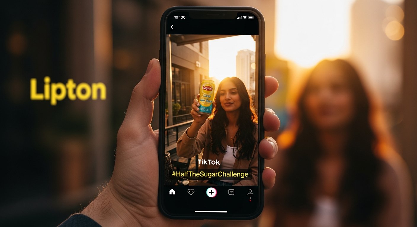 TikTok video on a phone showing a creator taking the Half the Sugar challenge