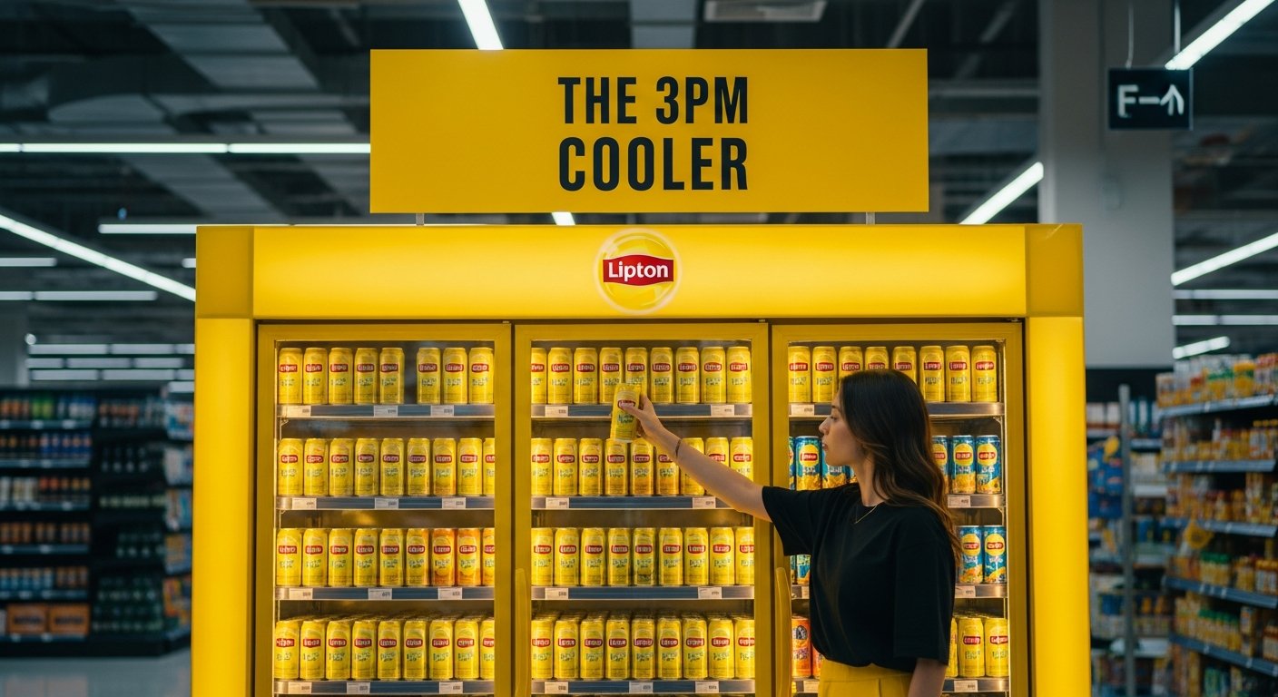 In-store Carrefour 3pm Cooler branded in Lipton yellow