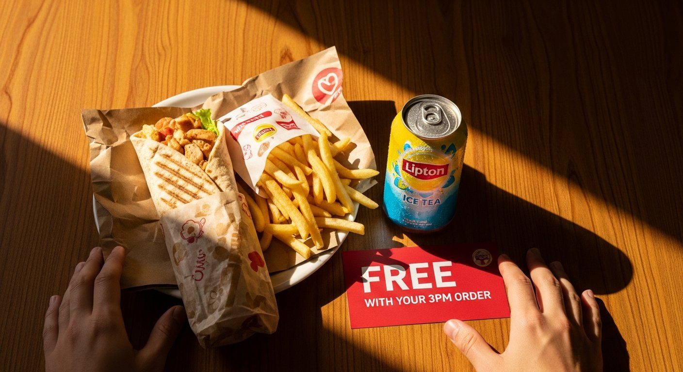 Food delivery order with a free Lipton Ice Tea can and free with your 3pm order card