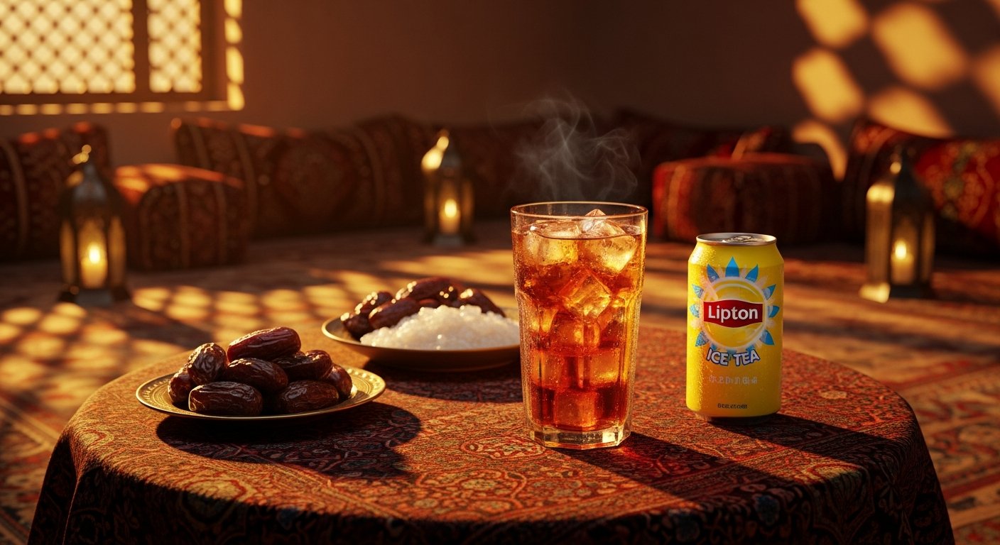 Iftar table with dates and a chilled glass of Lipton Ice Tea in a Majlis setting
