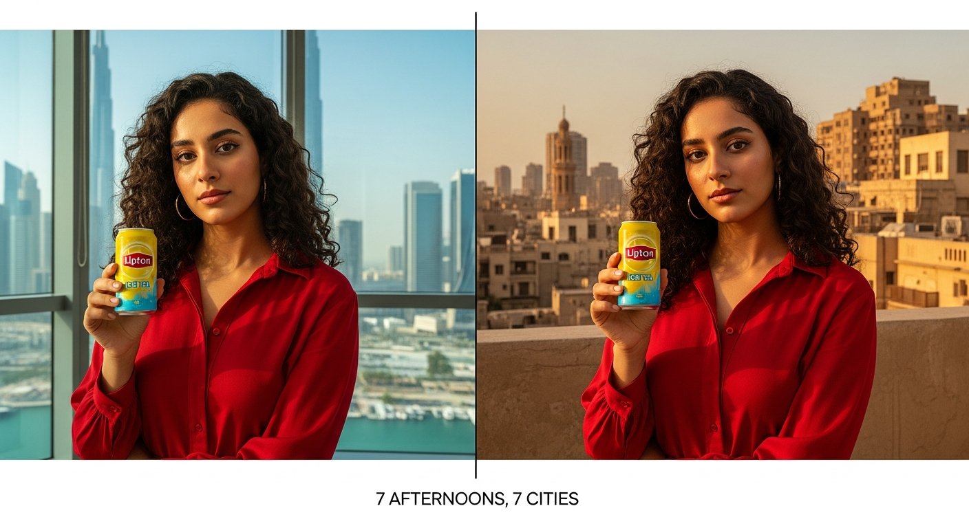 Split image of a creator holding a Lipton can in Dubai and Cairo
