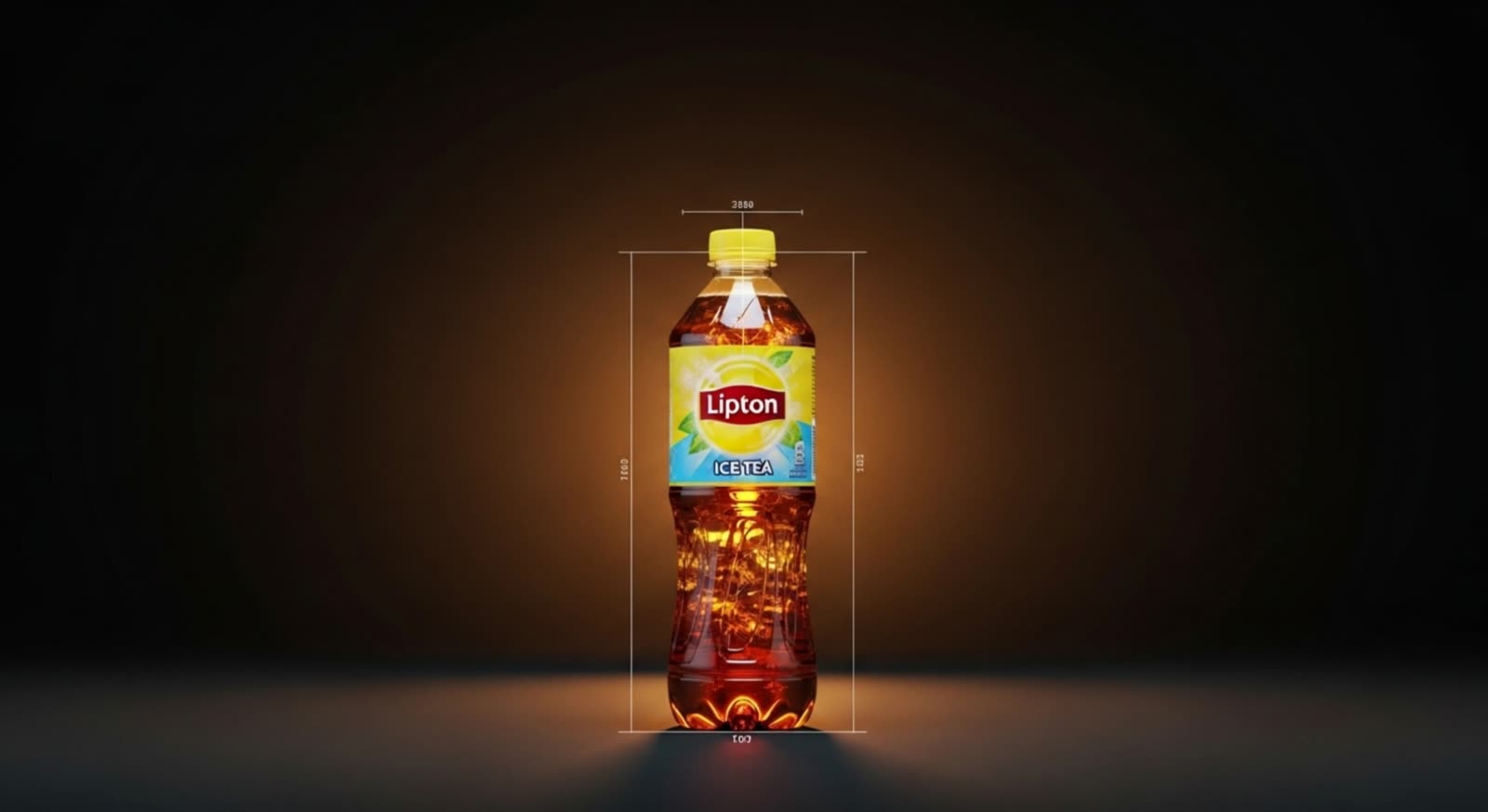 Lipton Ice Tea bottle deconstructing into its components in a technical blueprint reveal